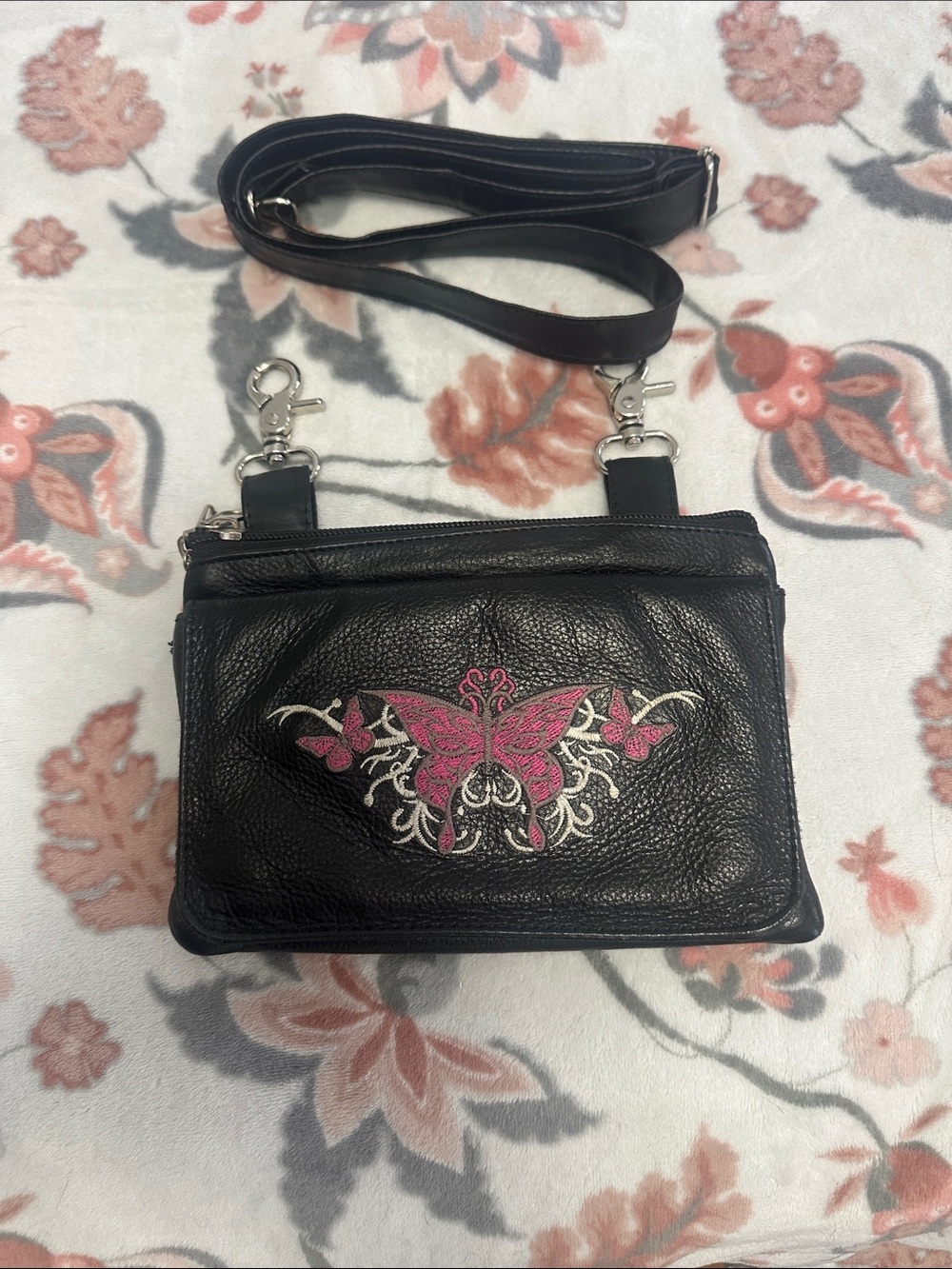 Black Leather motorcycle clip pouch crossbody Bag with Pink Butterfly Embroider